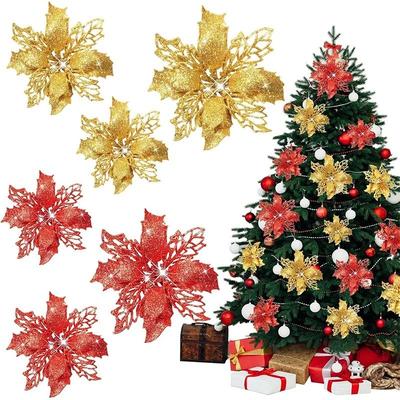 5Pcs 11cm Glitter Artificial Flowers Christmas Decoration Xmas Tree Ornaments New Year Garland DIY Party Supplies Gift Accessory
