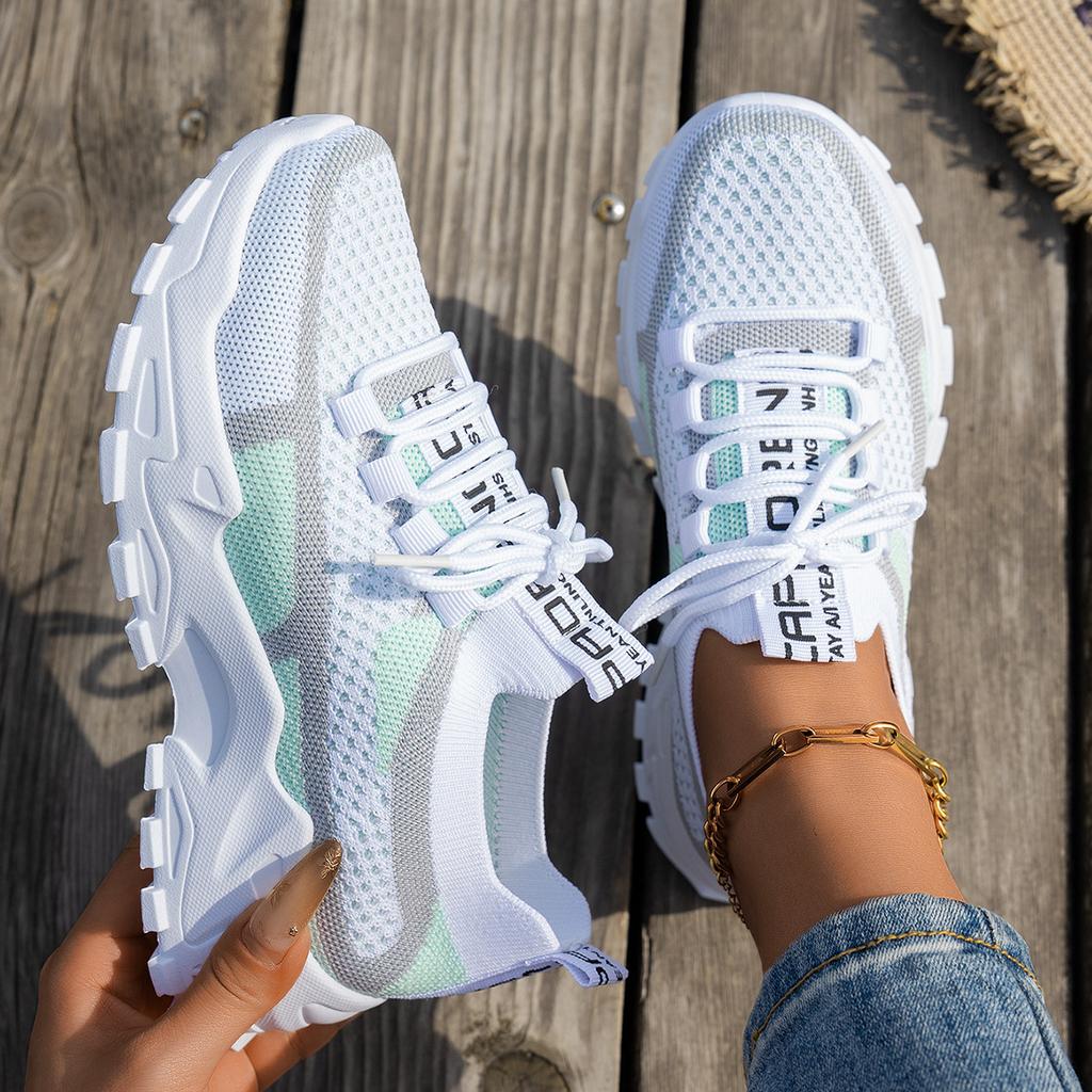 Women's Color Blocked Casual Sports Shoes, Flight Woven Breathable Lace Up Running Shoes, Fashionable Mesh Platform Casual Shoes