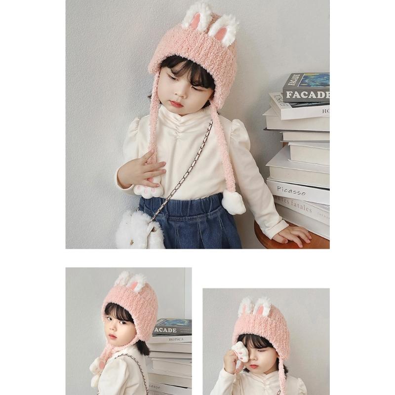 Autumn Winter Warm Hat with Earflap and Chin Strap Ties Cute Cartoon Beanie Cap Soft Bonnet Warm Headwear for Kids