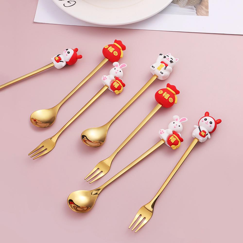 Cartoon Rabbit Christmas Dessert Spoon and Fork Set - Cute Party Favor Stirring Spoon