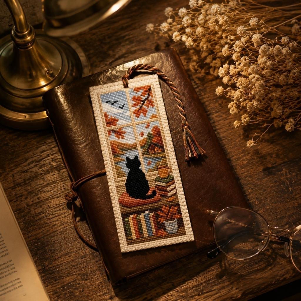 Seasonal Cat Cross Stitch Bookmark with Tassel Handmade Needlepoint Reading Accessory for Book Lovers and Craft Enthusiasts