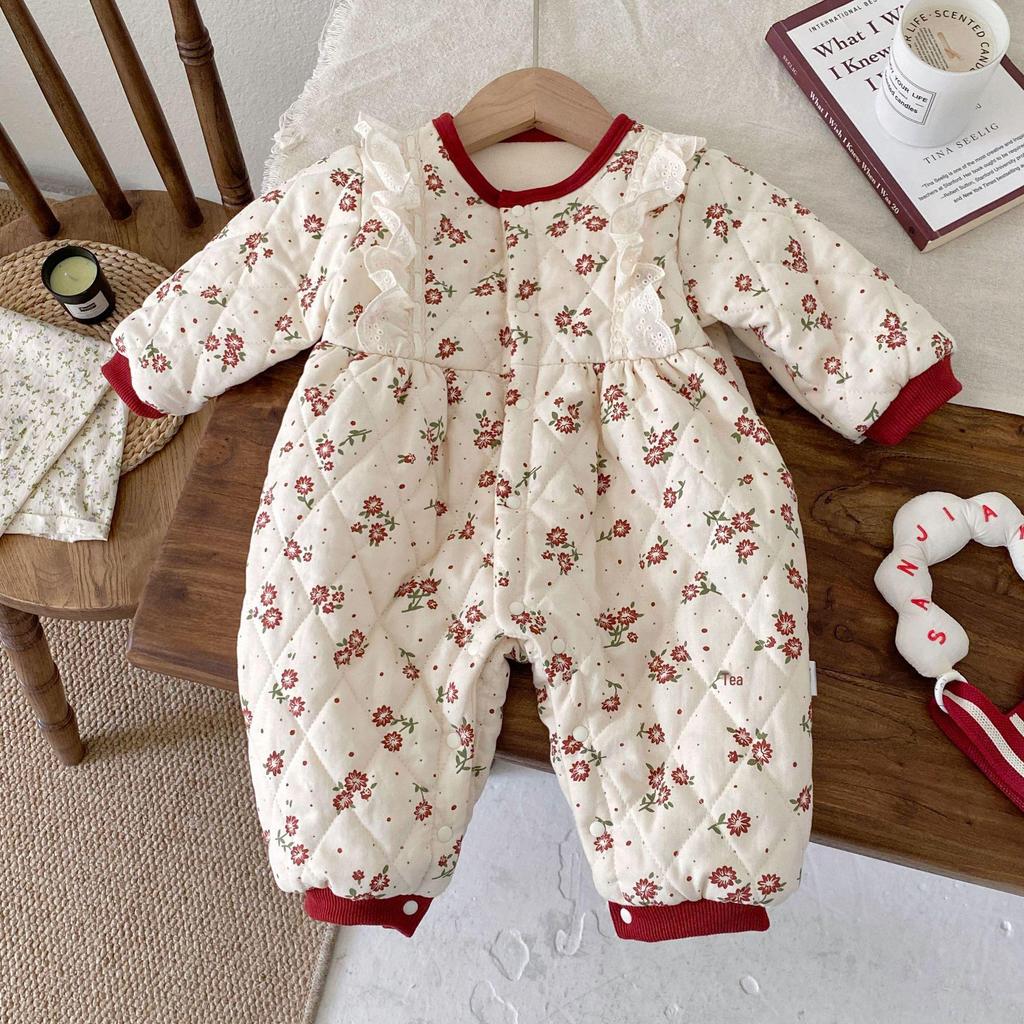 Korean Style Winter Fleece Romper for Baby Girls - Floral Lace Trim Outing Suit