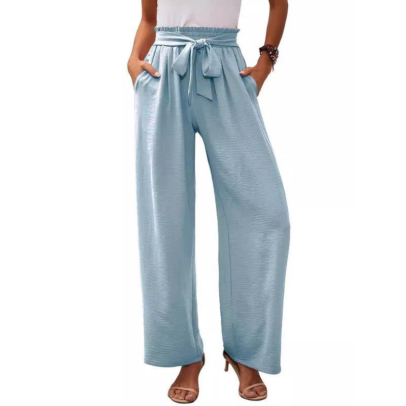 Solid Color Elastic Waistband Tied Pants Solid Elastic Waist Tether Pants Women