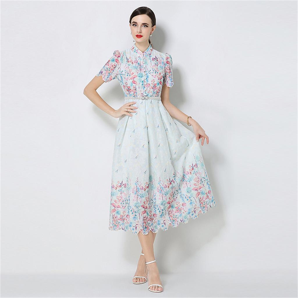Elegant A-Line Dress for Women High-Quality Embroidery Flower Stand Collar Short Sleeve Fashion Runway Summer Dress Female 2026