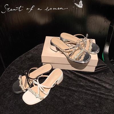The Same Crystal Butterfly~ Rhinestone Word with Thick Heel Slippers Women's Sandals Dinner Wear Women's Summer