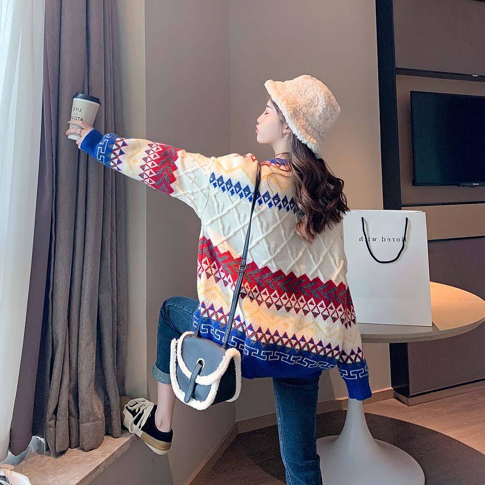 Autumn/Winter 2023 Women's Colorful Pattern Loose Knit Sweater - Round Neck, Long Sleeve Pullover
