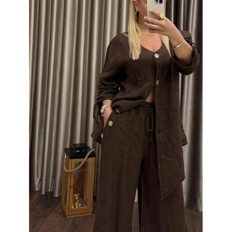 Cotton Linen Irregular Button Shirt Set Women Spring Autumn Casual Loose Retro V-Neck Cardigan + Wide-leg Long Pants 2piece Set
