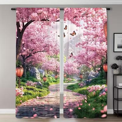 2 Pcs Cherry Blossom Garden Print Curtains,suitable for Bedroom,living Room Kitchen Decoration,home Decoration,window Decoration