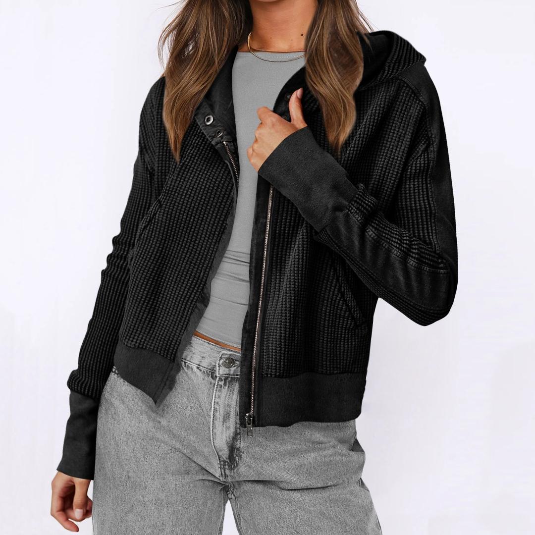 

GMXIA Женская однотонная толстовка с капюшоном в стиле пэчворк с принтом осень-зима, свободная короткая трикотажная куртка с длинным рукавом и застежкой-молнией XL чёрный