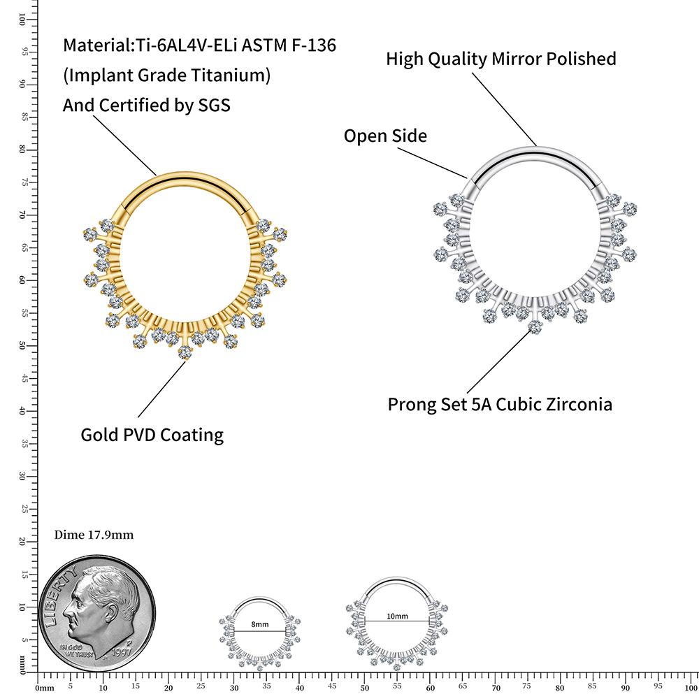 Right Grand ASTM F136 Titanium 16G CZ Hinged Clicker Segment Hoop Ring Sunburst CZ Daith Earring Septem Nose Piercing Jewelry