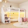 Wooden Loft Bed 90×200 Cm, with Storage Cabinet, Storage Staircase, Multicolor LED Light Strip, Eaves Design, Slatted Frame, Single Bed, Pink