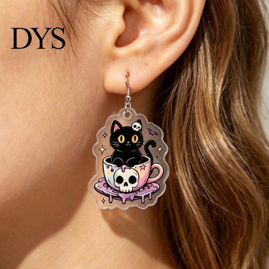 Halloween Costume Jewelry 1 Pair Earrings for Women, 2D Acrylic Teacup Black Cat Creative Pendant Gift Dangle Drop Earrings, Gothic Cartoon