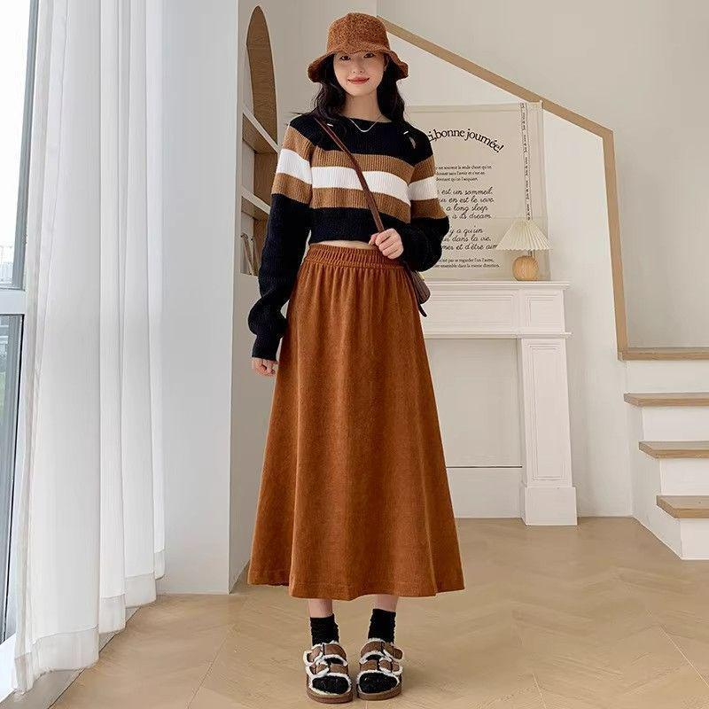 Women's High Waist Corduroy A-Line Mid-Length Skirt for Autumn/Winter