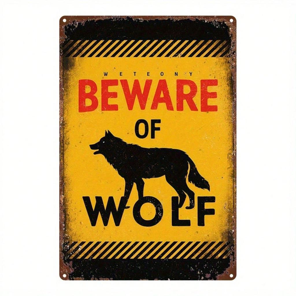Vibrant Yellow Wolf Warning Sign, Black Outline Wall Art, 8x12 Inch, Easy Mounting, Tin Decor