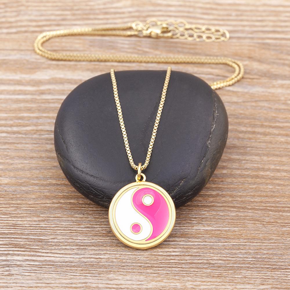 Nidin Fashion Enamel Tai Ji Yin Yang Necklace for Women Men Classic 4 Colors Round Pendant Jewelry Party Friendship Gift