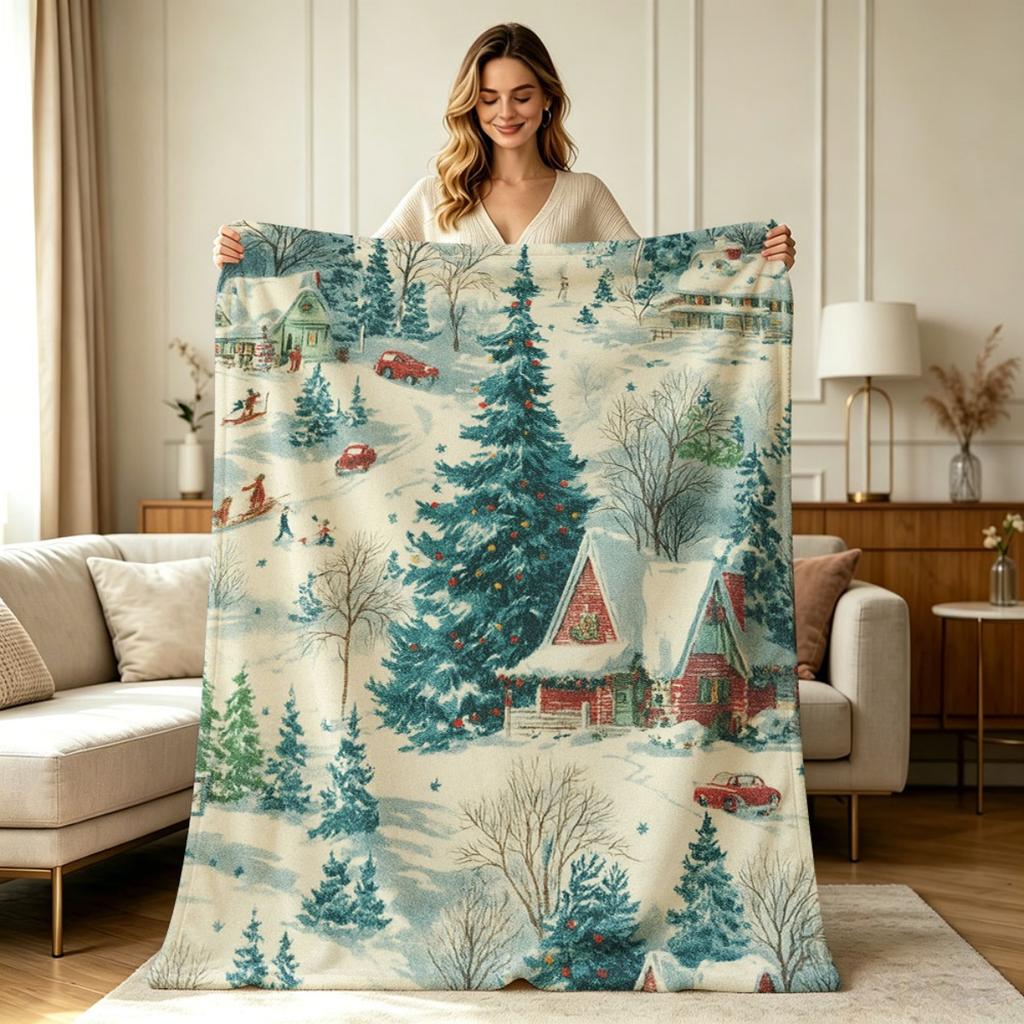 Soft Warm Flannel Blanket with Vintage Christmas Winter Village Print All Season Cozy Throw Blanket for Couch Bed Living Room Office Home Decor