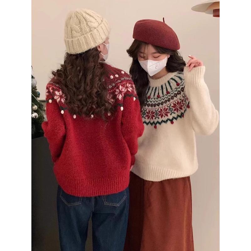 Christmas New Red Sweater Women's Spring Thickened Crew Neck Knitted Inside Fair Island Vintage Jacquard Top
