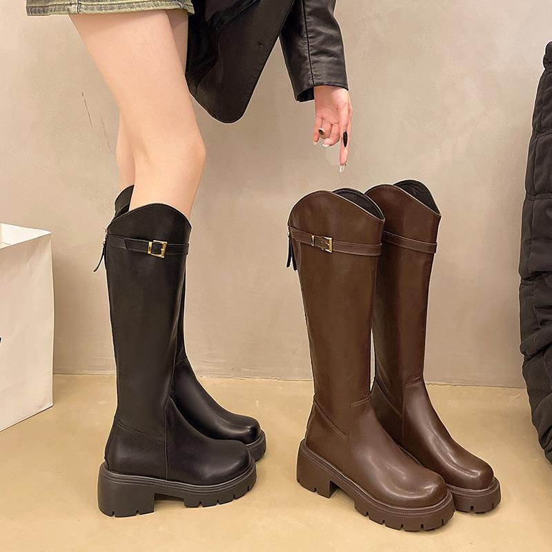 But Knee Boots Women's 2025 Autumn and Winter New Versatile Thick-soled V-mouth Women's Boots Thick Heel Belt Buckle Small Tall Tube