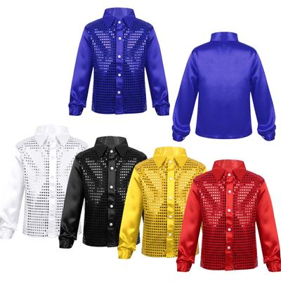 Kids Boys Teens Sequins Long Sleeve Shirt Party for Choir Jazz Dance Stage Performance Wedding Dance Costumes