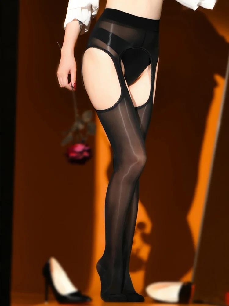 Sexy Crotchless Hollow Out Pantyhose High Elastic Oil Shiny Shaping Wear Sheer Tights Nightclub Maid Dance Wear Stocking