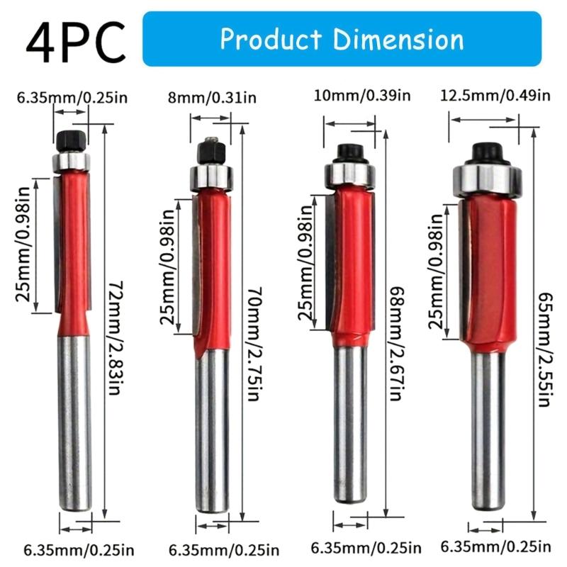 4pcs Durable Carbide Steel Router Bits with Red Anti Corrosion Layer DIY Craft Tool for Efficient Wood and Craftworks