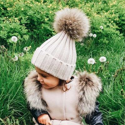 Gorro de invierno para bebé, gorros de punto cálidos para niños, gorro con pompón de piel auténtica, gorro de color liso para niños y niñas