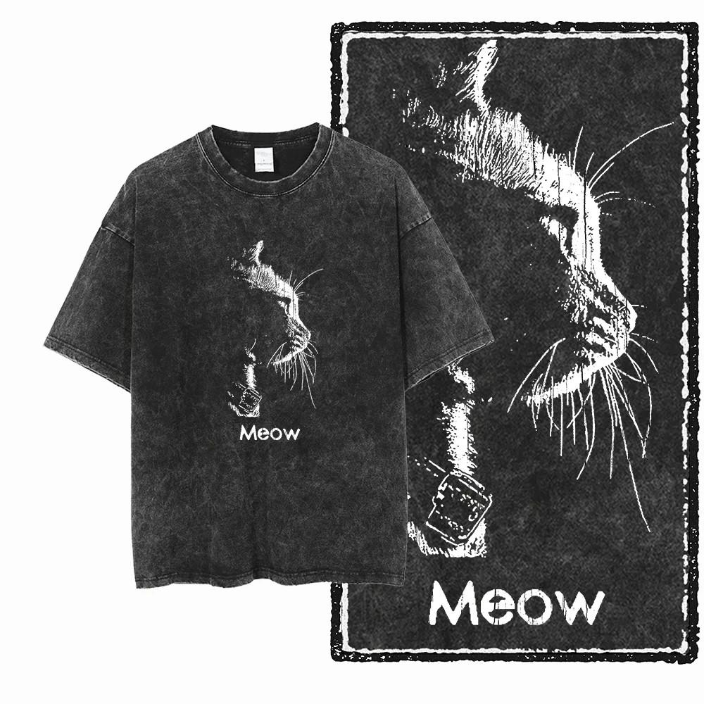 Cat Funny Meme Mens Y2K Graphic T Shirt Acid Wash Black Streetwear Tee 5