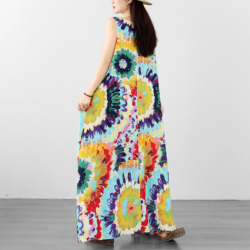 DIMANAF 2026 Women Plus Size Summer Beach Lady Long Dress Clothing Vest Sleeveless Vintage Loose Oversize Maxi Print Sundress