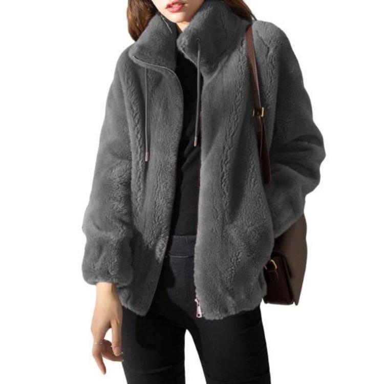 

Women Winter Fleece Jacket Full Zip Up Stand Collar Fuzzy Coat Long Sleeve Outerwear with Pockets M серый