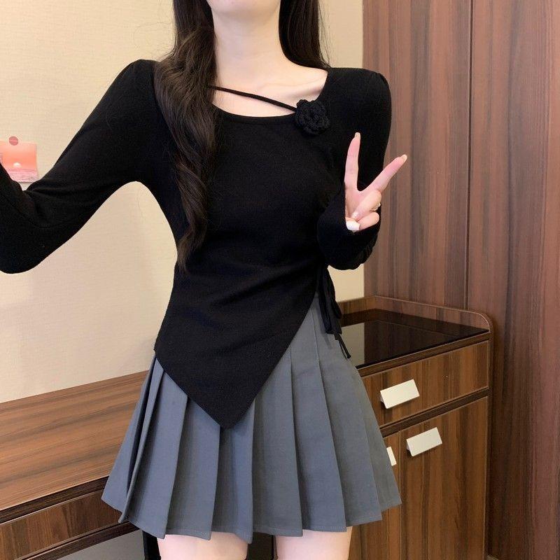 women floral applique ruched knit top square neck long sleeve form fitting casual solid color asymmetrical hem blouse