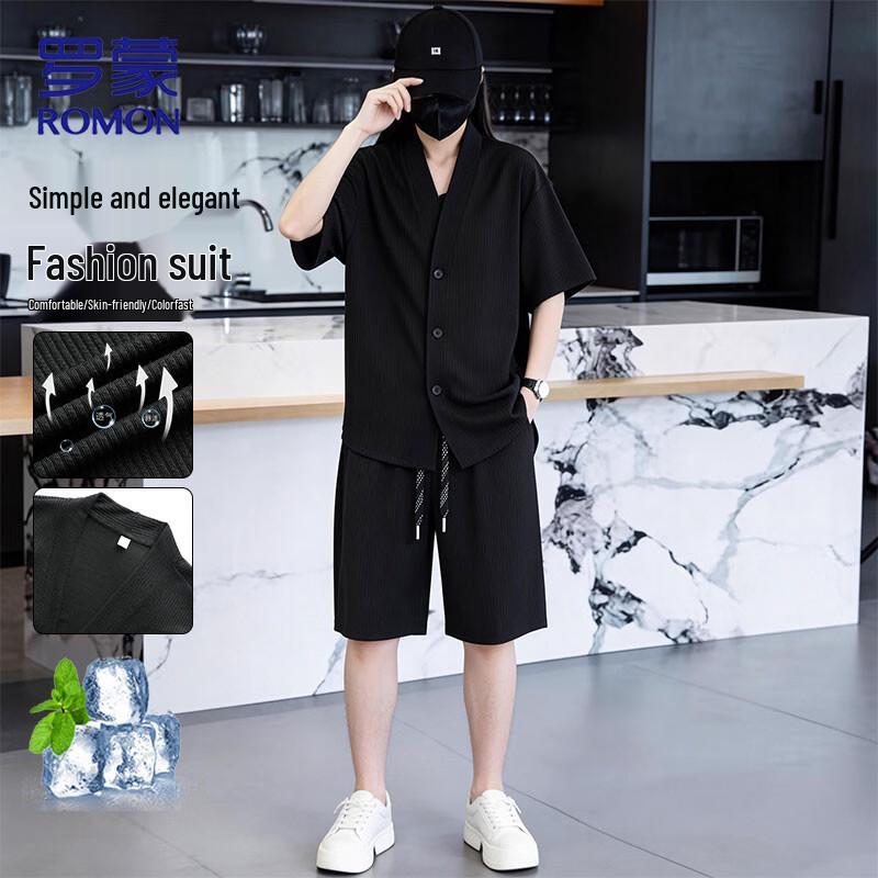 ROMON Men s Summer Ice-Feel Casual Two-Piece Set M