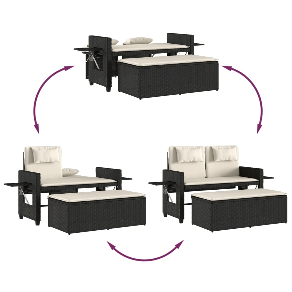 Adjustable Garden Bench with Cushions Black Poly Rattan