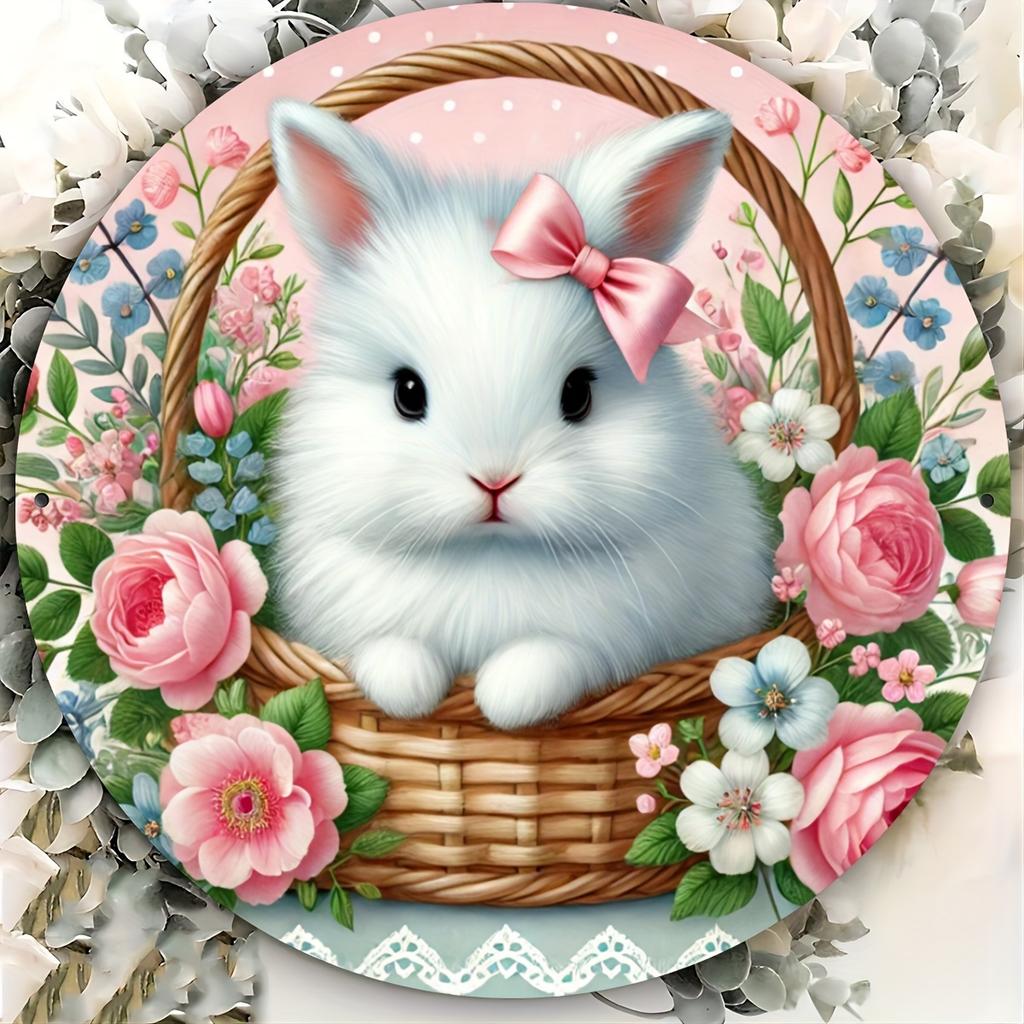 Tin Sign Cute White Bunny In Basket With Flowers Vintage Durable Metal Plaque Wall Decor Home Office Bar Man Cave Wall Art
