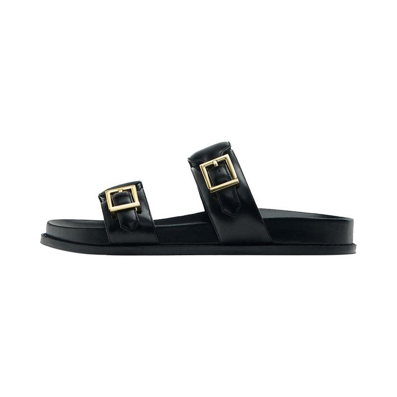 Leather version~ Slippers women's summer wear one-word platform sandals versatile casual beach soft-soled cool slippers