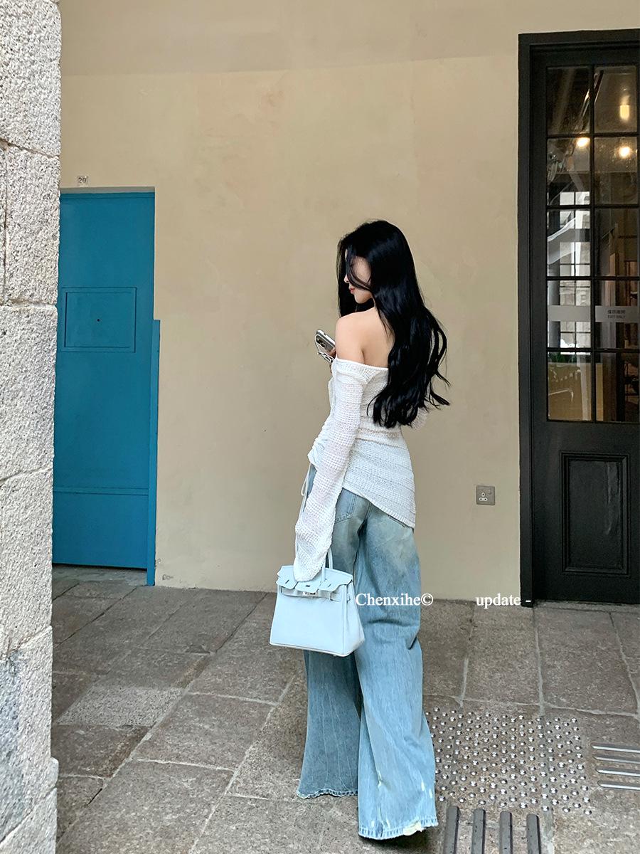 Women s Trendy American Retro High-Waisted Distressed Wide-Leg Jeans - Autumn Design, Slimming & Loose Fit 3XL синий