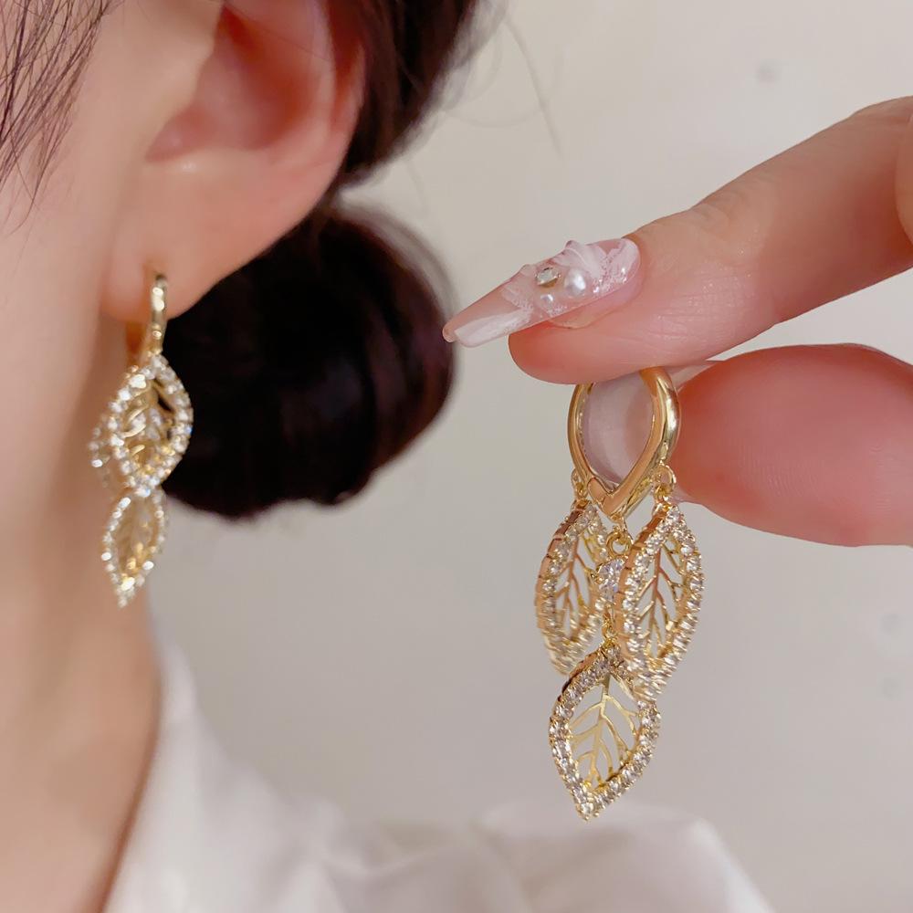 Euro-American Luxury Zirconia Leaf Tassel Earrings for Women - Unique, Shiny, and Stylish Design