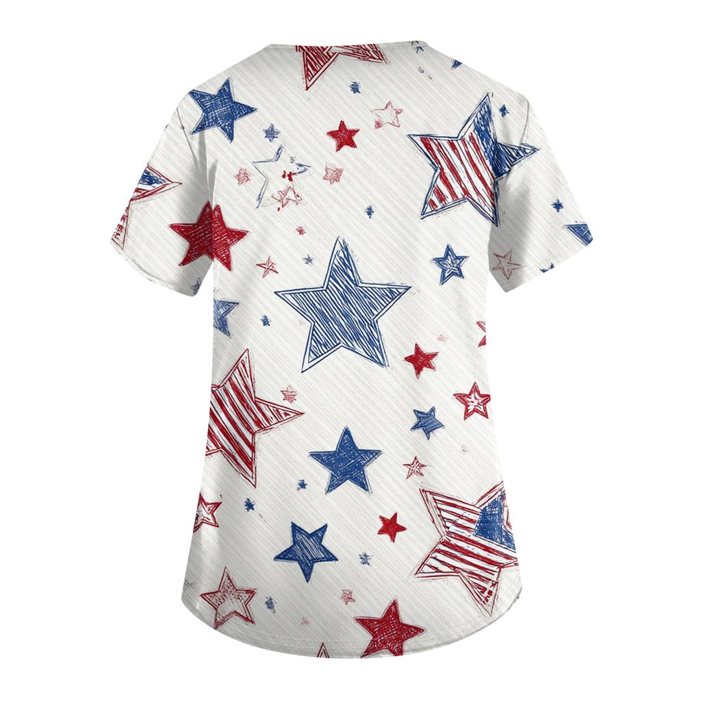 Women's Fashionable V-Neck Short-Sleeved Work Top With Pockets And Independence Day Print  Uniform