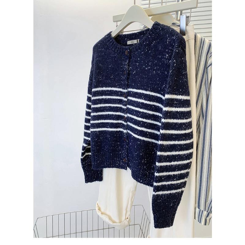 Vintage motley design striped knitted cardigan women's autumn and winter fashion casual small sweater jacket