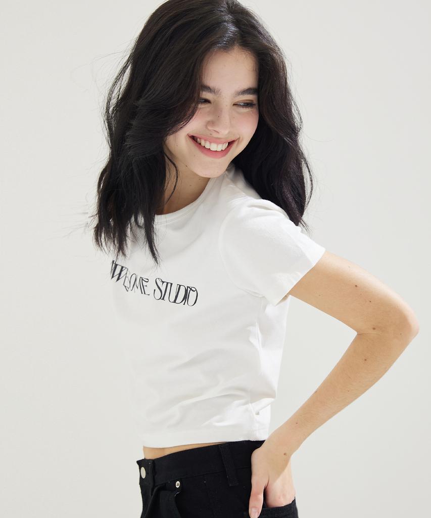AWESOME STUDIO Awesome Logo Crop Slim Fit Short Sleeve T-Shirt Ivory