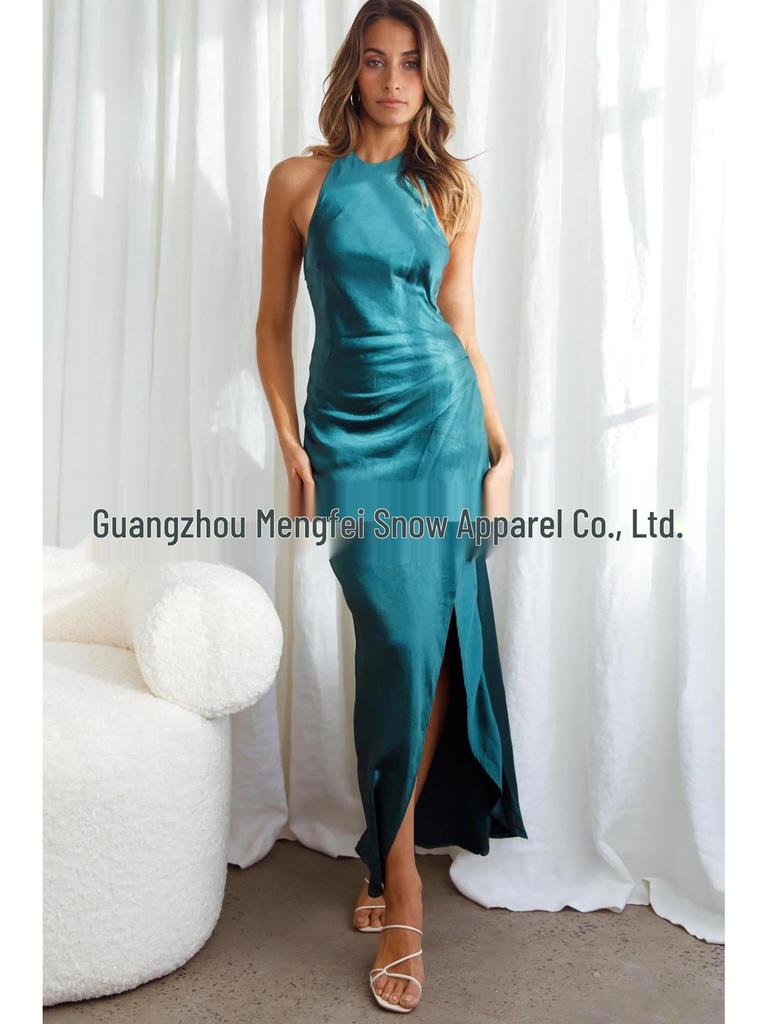 2023 Cross-Border Women's Solid Color Satin Halter Backless Slit Midi Evening Dress