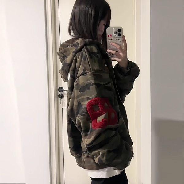 Women's Oversized Retro Camo Zipper Hoodie - Autumn Casual Style