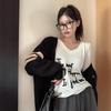 2025 Autumn Korean V-neck Long-sleeve Women's Letter Print Slim-fit T-shirt
