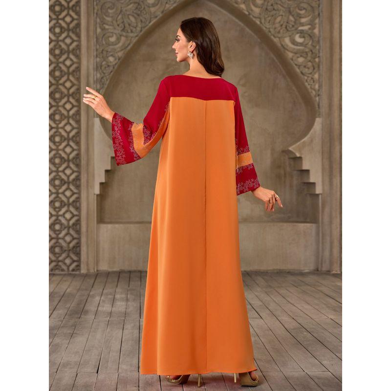 Cross-Border Women clothes Dubai Moroccan Robe Middle East Hot Drilling round Neck Loose Contrast Color Plus size dresses Dress