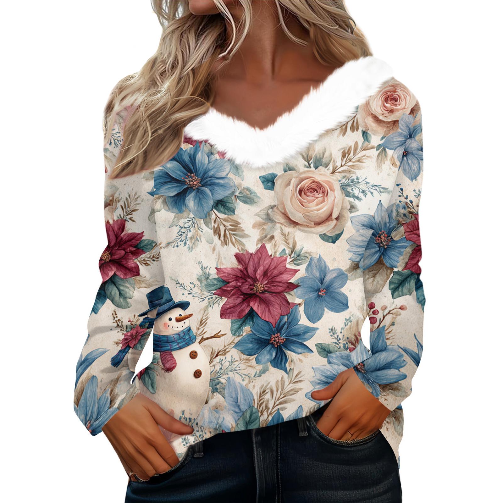 

Рубашки с длинным рукавом для женщин Милые топы Рождественские принты Футболки Блузки Повседневные топы больших размеров Базовые топы Пуловеры XXL хаки