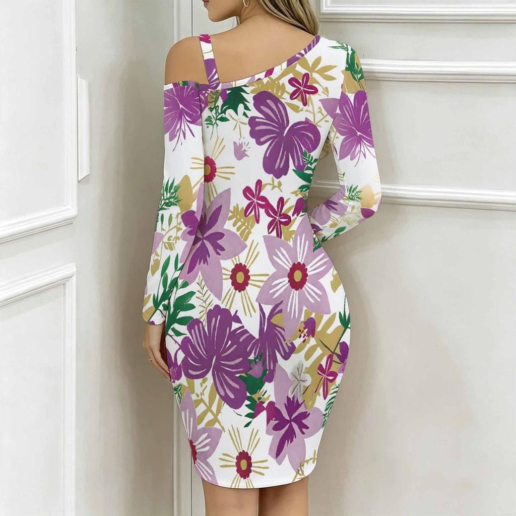 Women Plus Size Asymmetric Cold Shoulder White Purple Large Floral Print Wrap Bodycon Midi Dress