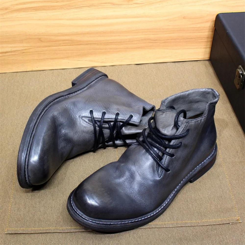 Fashion British Style Mens Ankle Boots Soft Calf Real Leather Handmade Motorcycle Boots Leather Sole Comfortable Lace Up Winter Footwear