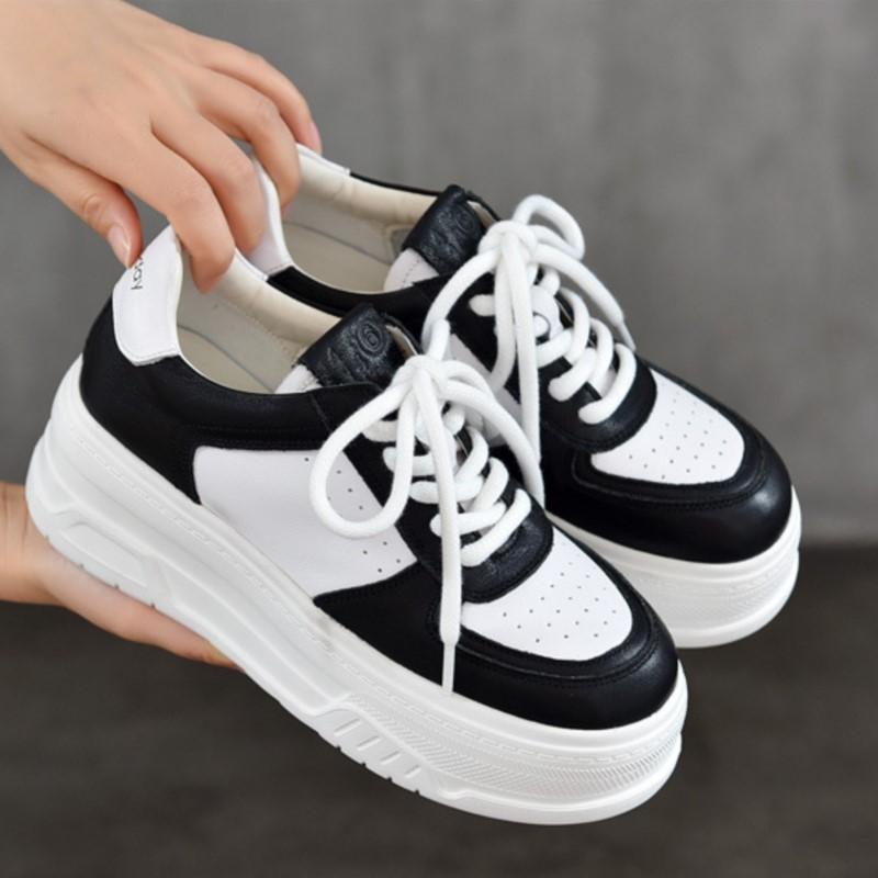 Johnature Genuine Leather Thick Sole Height Increasing White Shoes For Women Casual Flat Platform Shoes