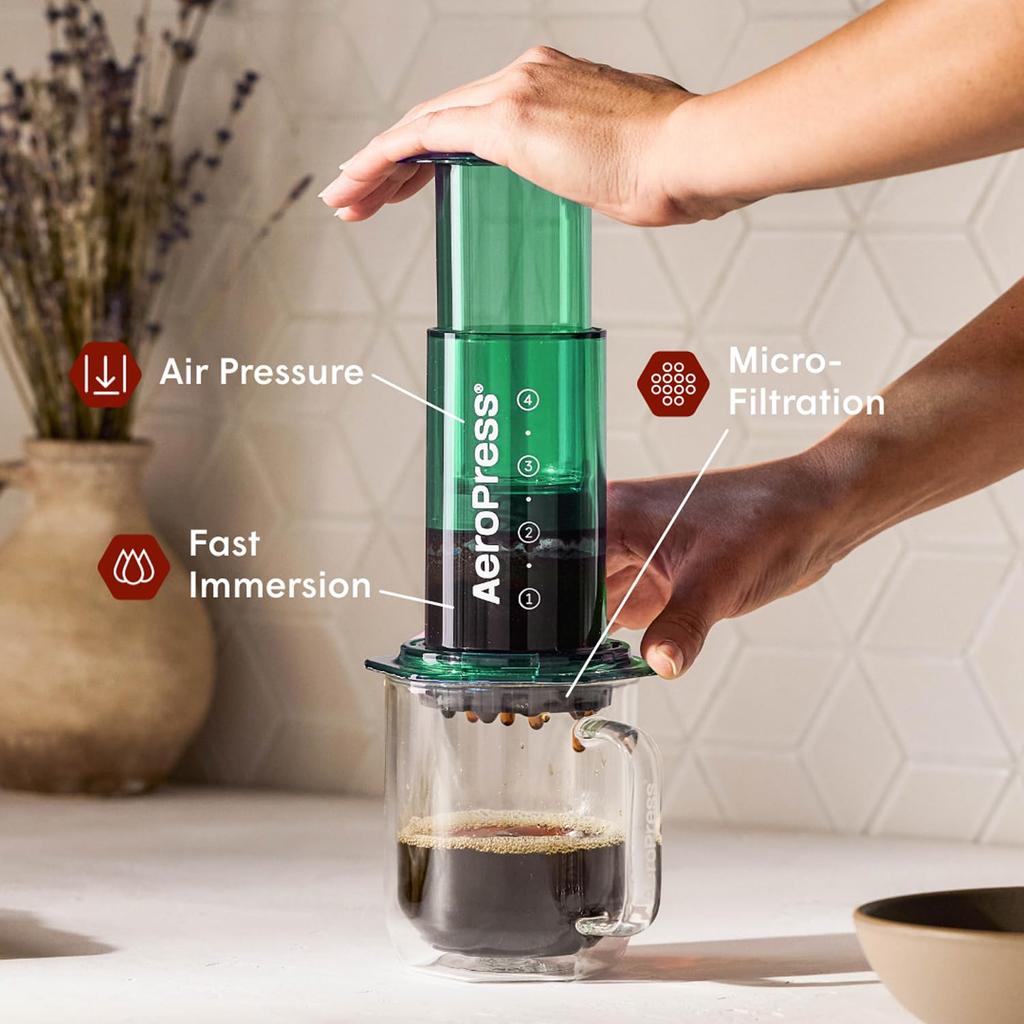 AeroPress Main AeroPress Green Coffee Maker with French Iced Unbreakable Pressure Extraction (AeroPress) Unit, Filter, Press, Espresso, Coffee,