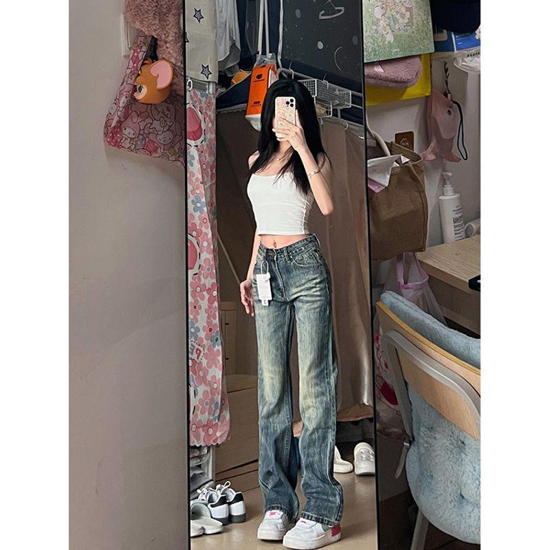 Small American Style Washed-out Vintage Worn Jeans Female High Waist Slim Looking Drape Narrow Version Straight Mopping Pants Summer