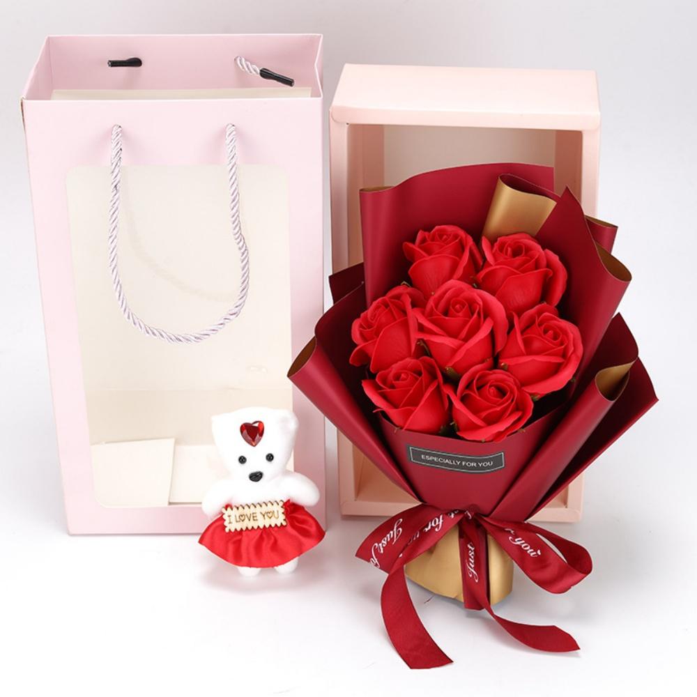 7 Heads Rose Artificial Bouquet Little Bear Gift Box Valentine's Day Handmade False Flower Bouquet Mother's Day Birthday Party